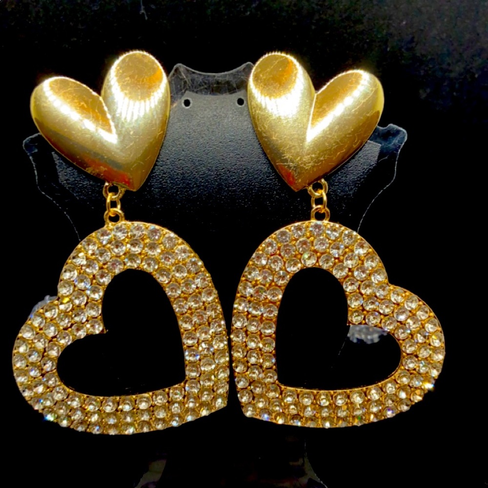 Statment bling rhinestone double heart earrings